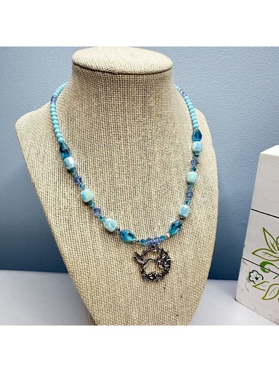 Handmade Jewelry - Handmade Hummingbird Pendant Necklace 17" Austrian Crystals & Czech Glass Beads